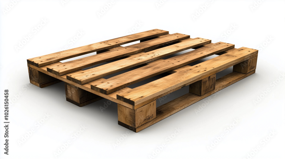A lightly weathered wooden pallet, isolated on a white background, with the grain and texture of the wood clearly visible, symbolizing durability and industrial use. A lightly weathered wooden pallet, isolated on a white background, with the grain and texture of the wood clearly visible, symbolizing durability and industrial use.