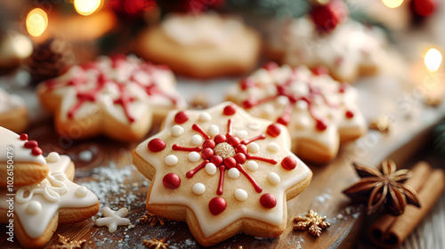 Christmas gingerbread cookies on wooden table, closeup