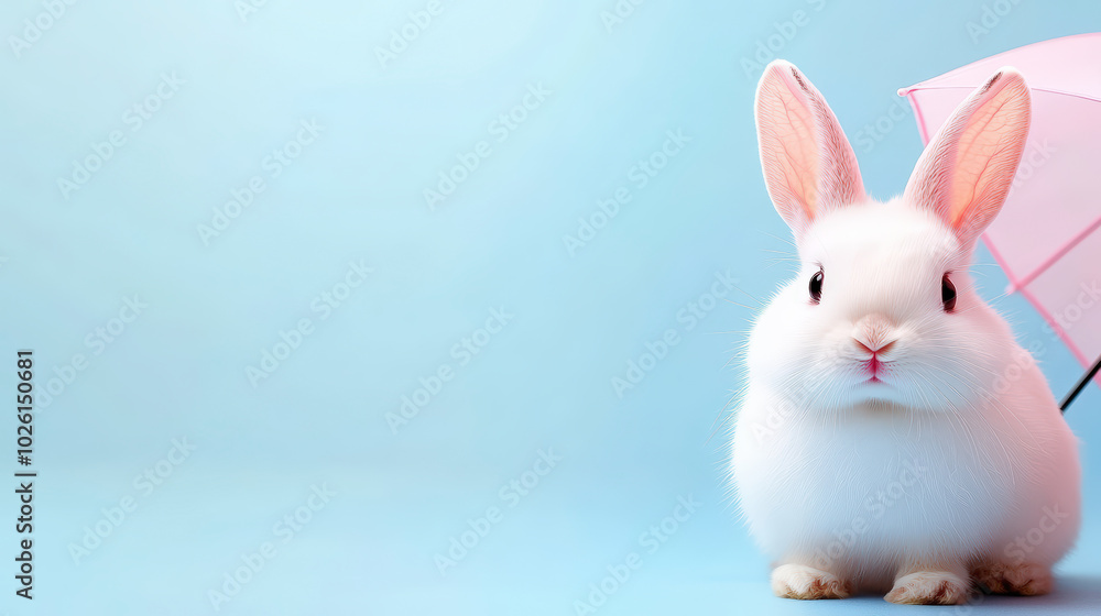 A fluffy white rabbit sits against a blue background, peeking from behind a small pink umbrella, creating a cute and whimsical scene. A fluffy white rabbit sits against a blue background, peeking from behind a small pink umbrella, creating a cute and whimsical scene.