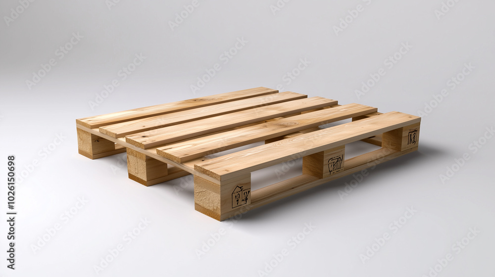 A pristine wooden pallet, isolated on a stark white background, with smooth surfaces and clean lines, representing modern industrial efficiency. A pristine wooden pallet, isolated on a stark white background, with smooth surfaces and clean lines, representing modern industrial efficiency.