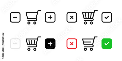 Add to cart icon. Remove from cart symbol. Edit quantity of goods button. Shopping basket accept and reject sign. Online shopping basket with plus and minus pictogram. Add to cart vector illustration.