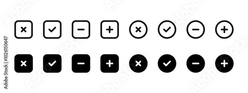 Plus and minus math icon set. Checkmark and cross symbol. Accept and reject buttons. Positive and negative sign. Yes and No pictogram collection. Mathematics calculator buttons vector illustration.
