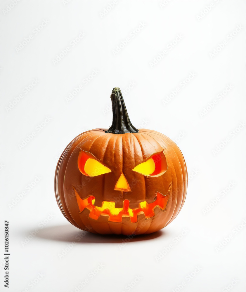 A lone, eerie jack o' lantern sits on a pristine white backdrop, its twisted face and glowing eyes captivating the attention._00003_ A lone, eerie jack o' lantern sits on a pristine white backdrop, its twisted face and glowing eyes captivating the attention._00003_