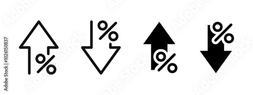Percentage rate arrow icon set. Percent arrow up and down symbol. Price increase and decrease vector illustration. Profit sign. Up and down arrows with percentage pictogram. Financial growth concept.