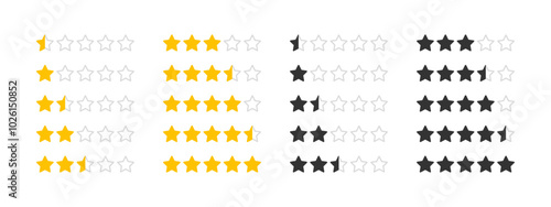 5 stars rating review interface template icon set. Half star ranking sample vector illustration. Quality review symbol with transparent stars. Feedback 5 star sign. Gold five stars collection