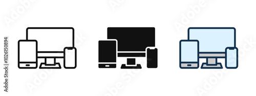 Responsive design icon. Electronic devices icon set. Computer, laptop, tablet, phone symbol. Desktop and mobile display sign. Devices monitor screen vector illustration. Electronics concept