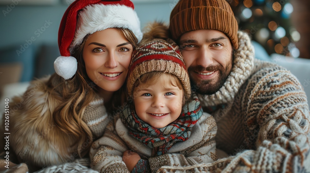 Happy Winter Holidays. Parents and little son wearing Santa hats posing for a photo on a light blue studio background. Happy Winter Holidays. Parents and little son wearing Santa hats posing for a photo on a light blue studio background.