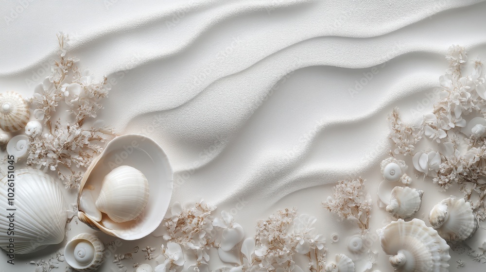 Elegant white backdrop with a close-up of a clam and surrounding beach seashells, capturing their natural charm and intricate details Elegant white backdrop with a close-up of a clam and surrounding beach seashells, capturing their natural charm and intricate details