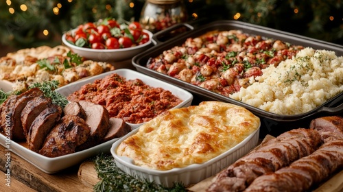 close-up of a festive table filled with delicious dishes, inviting presentation, colorful spread