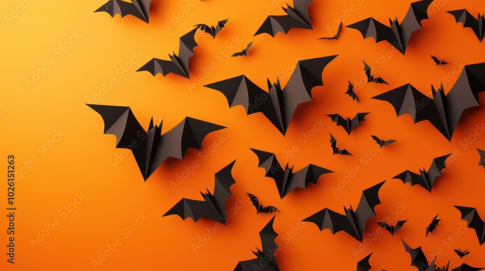 Halloween background with flying bats made of origami paper on an orange backdrop, shown from above. Halloween concept. Halloween background with flying bats made of origami paper on an orange backdrop, shown from above. Halloween concept.