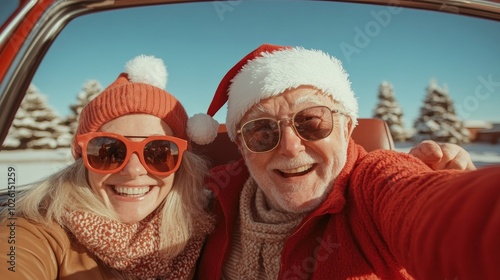 Santa photobombing a family Christmas photo, playful pose, in a Polaroid-style frame with vibrant saturation photo