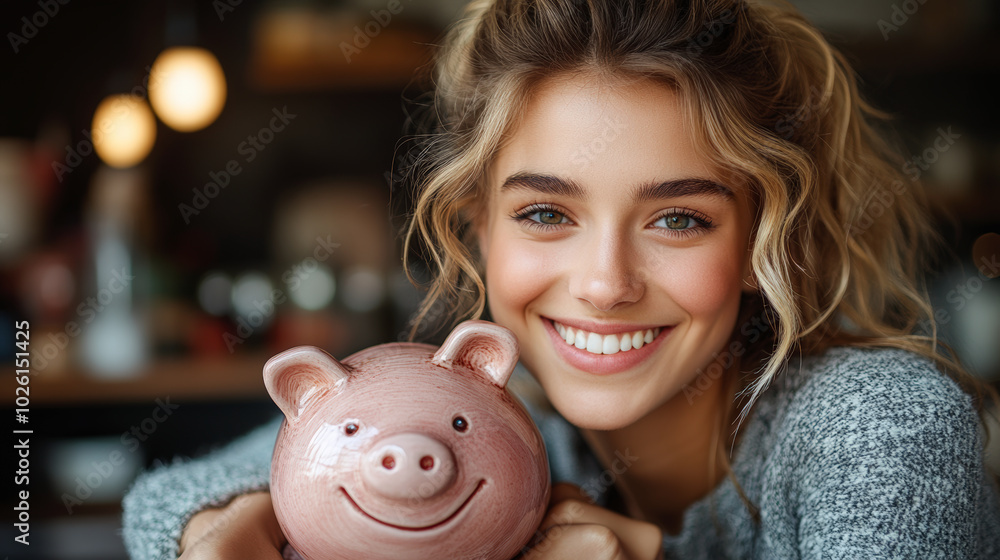 A smiling person happily holds a piggy bank, conveying a sense of joy and saving for the future, indoors with warm lighting. A smiling person happily holds a piggy bank, conveying a sense of joy and saving for the future, indoors with warm lighting.