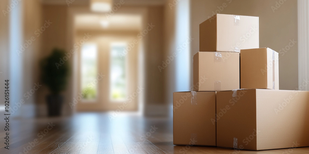 clean and simple image of moving boxes stacked in hallway, conveying sense of organization and preparation for relocation. warm tones and blurred background enhance feeling of welcoming space clean and simple image of moving boxes stacked in hallway, conveying sense of organization and preparation for relocation. warm tones and blurred background enhance feeling of welcoming space