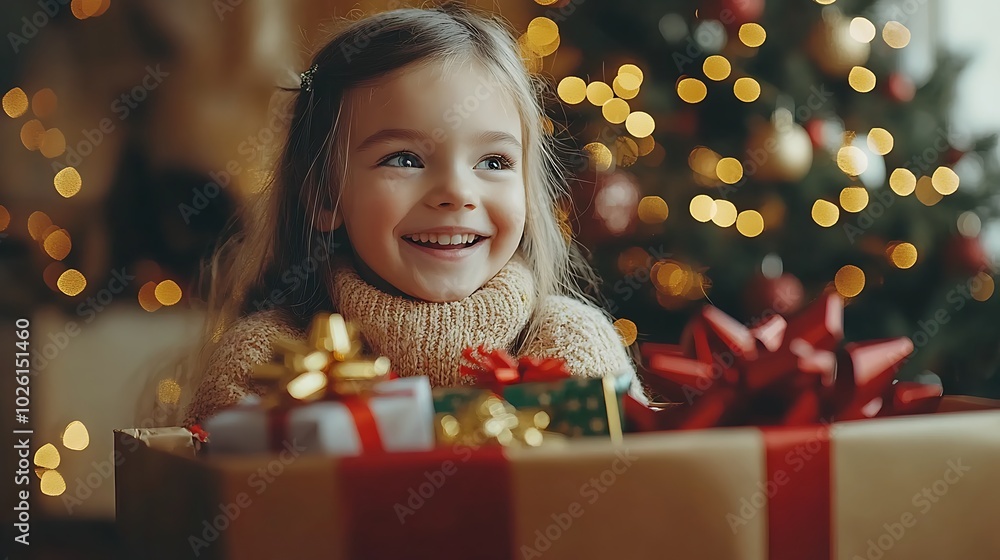 Child with Excitement Among Holiday Gifts Child with Excitement Among Holiday Gifts