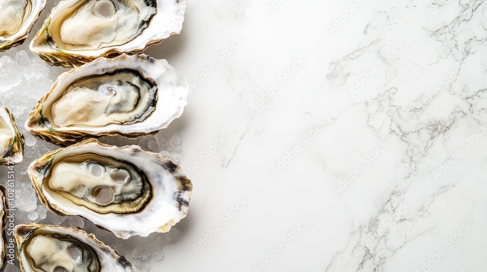 Elegant white backdrop with a detailed view of fresh oysters, emphasizing their natural freshness and the intricate features of these seafood invertebrates Elegant white backdrop with a detailed view of fresh oysters, emphasizing their natural freshness and the intricate features of these seafood invertebrates