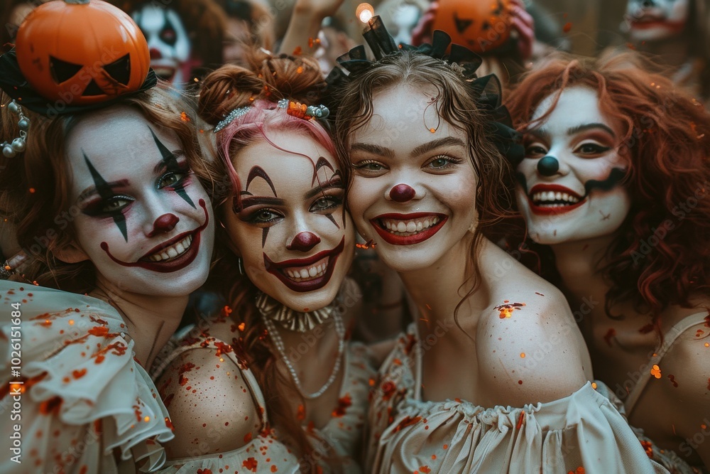 Obraz premium Group of friends dressed in various Halloween costumes, clown costume with colorful hair, devil costume, pose for photo in festive atmosphere with confetti indoors.