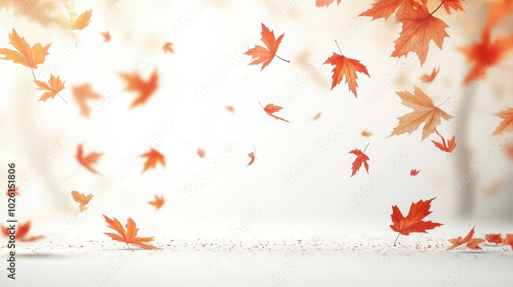 Elegant white backdrop with a flurry of falling autumn maple leaves, emphasizing the natural beauty and tranquility of the season in a simple and effective manner