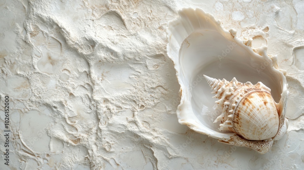 Elegant white backdrop with a focus on a conch shell and clam, emphasizing their natural textures and the intricate details of these sea creatures Elegant white backdrop with a focus on a conch shell and clam, emphasizing their natural textures and the intricate details of these sea creatures