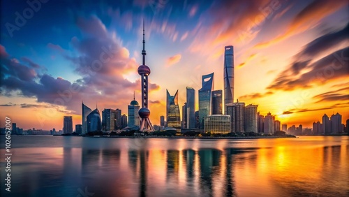 Stunning Shanghai Pudong Skyline at Dusk with Luminous Skyscrapers and the Huangpu River