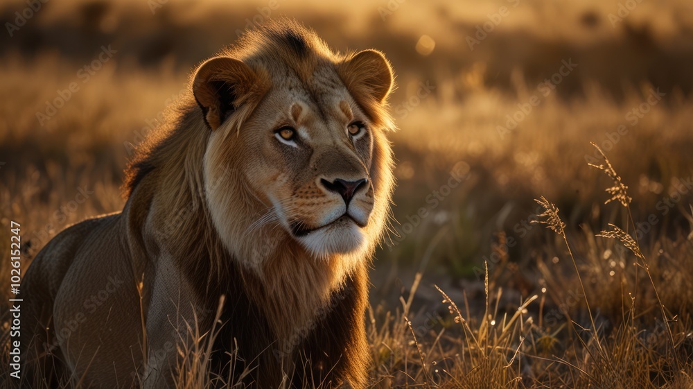 Majestic lion with golden mane looking to the side, illuminated by the setting sun in the African savanna. Majestic lion with golden mane looking to the side, illuminated by the setting sun in the African savanna.