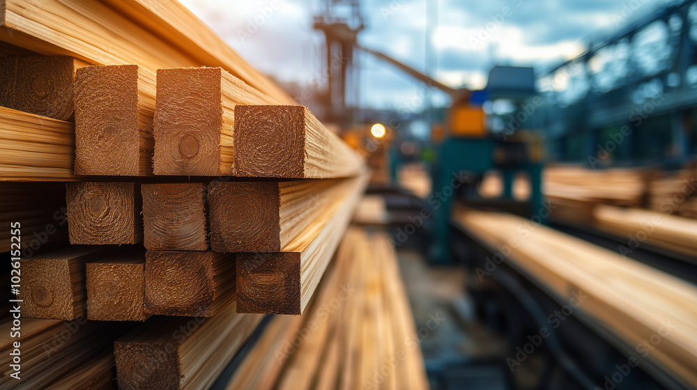 Rows of stacked pine wood planks lined up in a factory, with state-of-the-art machines in the background, the scene emphasizing the organized and technological approach to timber p Rows of stacked pine wood planks lined up in a factory, with state-of-the-art machines in the background, the scene emphasizing the organized and technological approach to timber p