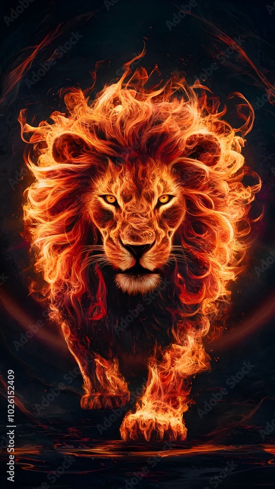 A mesmerizing and vibrant abstract artwork featuring a lion composed entirely of fiery, swirling flames A mesmerizing and vibrant abstract artwork featuring a lion composed entirely of fiery, swirling flames