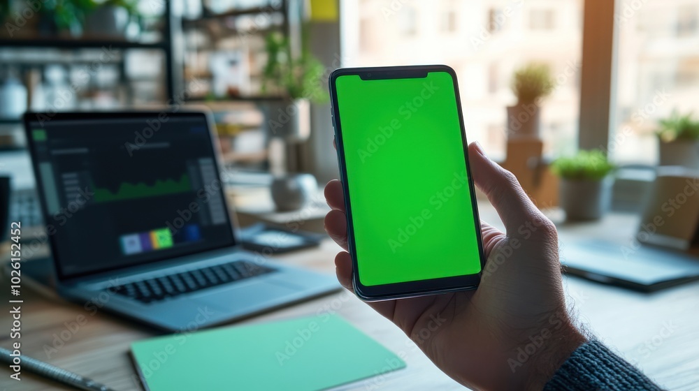 Designer in a modern workspace holding a smartphone with a green screen mockup display, focused on the device, with a blurred background of a laptop and sketchpad on the desk Designer in a modern workspace holding a smartphone with a green screen mockup display, focused on the device, with a blurred background of a laptop and sketchpad on the desk