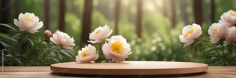 3d render wood podium product stand with natural flowers and forest background 3d render wood podium product stand with natural flowers and forest background