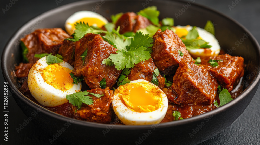 Palo, a traditional Thai dish, featuring braised pork belly and boiled eggs simmered in a fragrant broth made from Chinese five-spice, soy sauce, garlic, and palm sugar Palo, a traditional Thai dish, featuring braised pork belly and boiled eggs simmered in a fragrant broth made from Chinese five-spice, soy sauce, garlic, and palm sugar