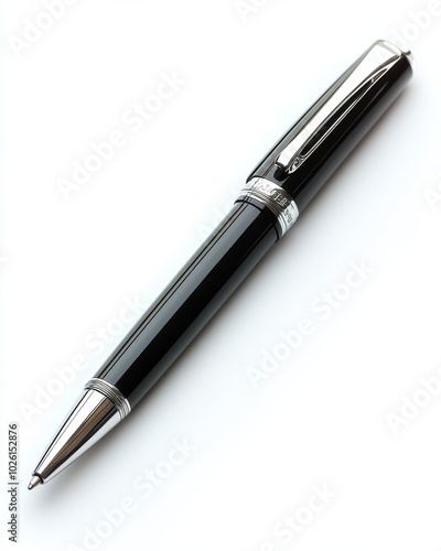 A classic black pen with a silver clip, isolated on white background. 