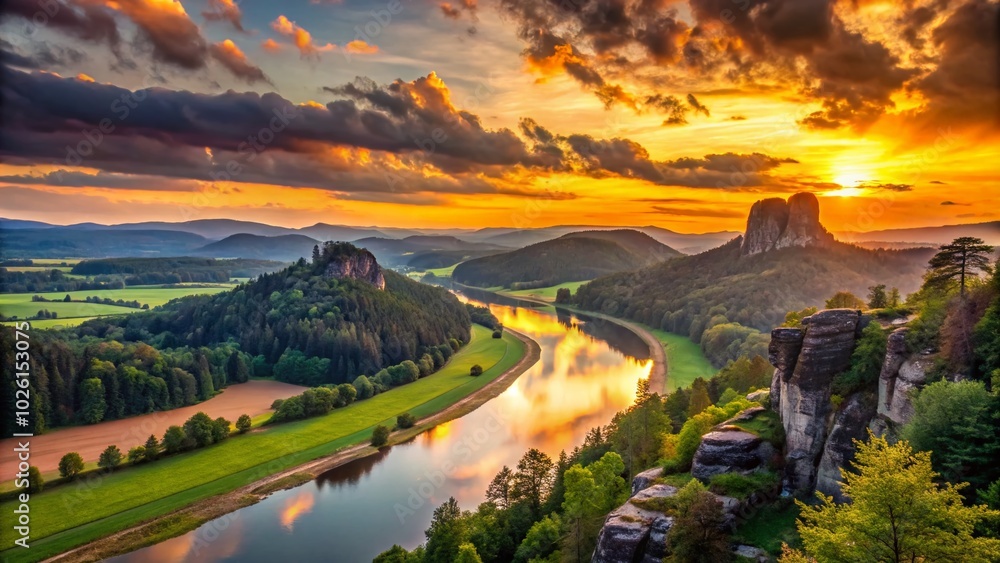 Naklejka premium Stunning Steinbrech Landscape at Sunset with Majestic Mountains and Lush Greenery