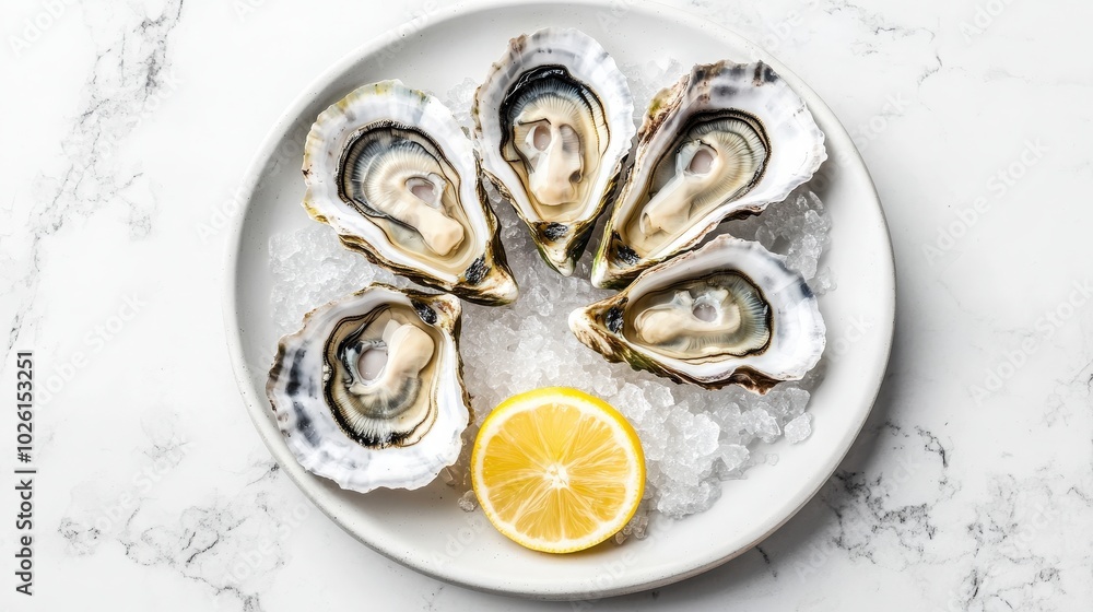 Elegant white backdrop with a selection of pristine oysters on a white plate, capturing the freshness and natural beauty of these seafood invertebrates Elegant white backdrop with a selection of pristine oysters on a white plate, capturing the freshness and natural beauty of these seafood invertebrates