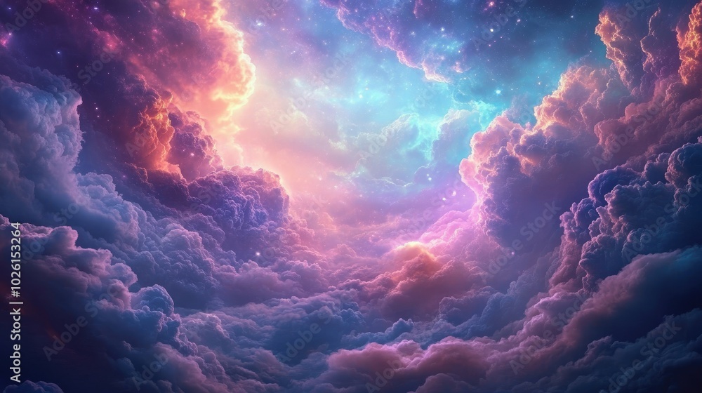 Beautiful view of radiant clouds and glowing light in heaven, creating a peaceful and surreal landscape of tranquility Beautiful view of radiant clouds and glowing light in heaven, creating a peaceful and surreal landscape of tranquility
