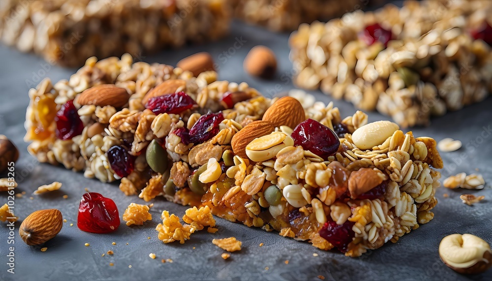 Close-up of a nutty granola bar with fruits on gray background, healthy snack concept Close-up of a nutty granola bar with fruits on gray background, healthy snack concept