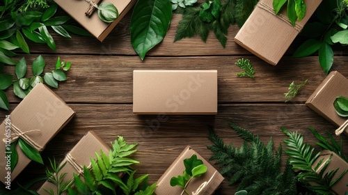 Eco-friendly packaging design made from recycled cardboard with green leaves and natural elements on a wooden table emphasizing sustainability and environmental consciousness photo