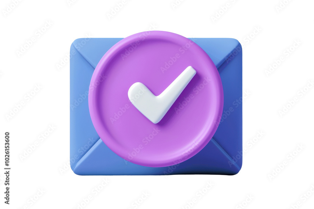 Email envelope with checkmark icon. A 3D icon featuring a purple checkmark over a blue envelope, representing e-mail validation or successful message delivery, isolated on a transparent background. Email envelope with checkmark icon. A 3D icon featuring a purple checkmark over a blue envelope, representing e-mail validation or successful message delivery, isolated on a transparent background.