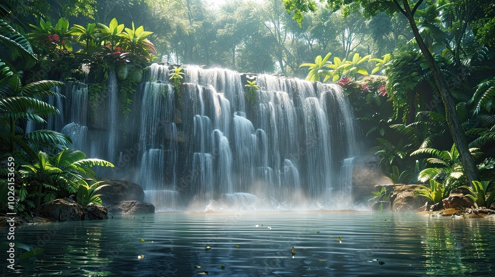 A serene waterfall in a lush forest, with bright green leaves, mist rising from the water, and detailed textures create a peaceful natural scene. A serene waterfall in a lush forest, with bright green leaves, mist rising from the water, and detailed textures create a peaceful natural scene.