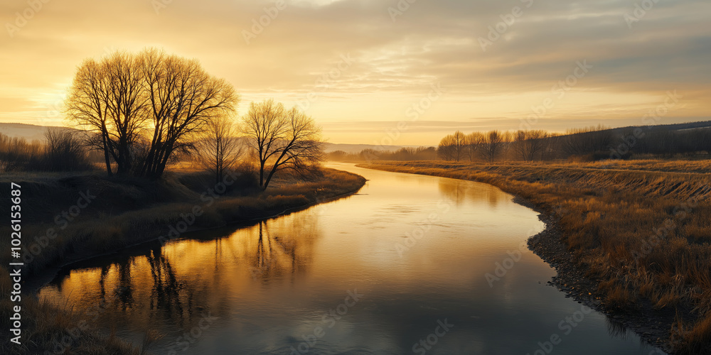 Fototapeta premium Serene Winter River at Twilight with Painterly Precision