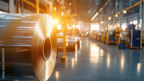 Polyethylene film stretching between large rollers in a high-tech factory, with sunlight creating subtle highlights on the material, symbolizing innovation and technological advanc photo