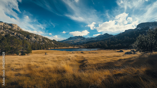 Golden Prairie Landscape with Distant Mountains and Dramatic Sky