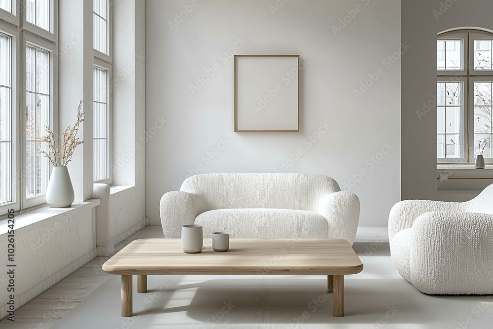 Fototapeta premium Minimalist, contemporary japandi interiors in the living room with white walls and boucle sofas and windows hanging with art frames. Generative AI