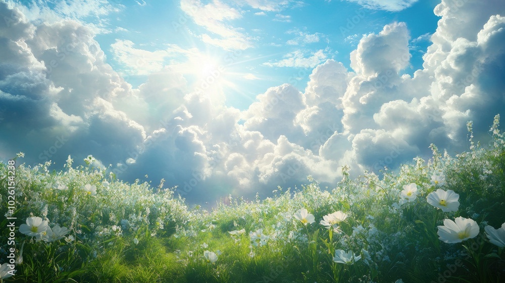 Lush heavenly meadows, glowing with radiant light and surrounded by serene clouds, creating a beautiful landscape in heaven Lush heavenly meadows, glowing with radiant light and surrounded by serene clouds, creating a beautiful landscape in heaven