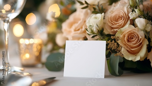 A beautifully arranged wedding table setting featuring peach and white roses, glowing candles, and a blank place card, perfect for adding personalized guest names. 