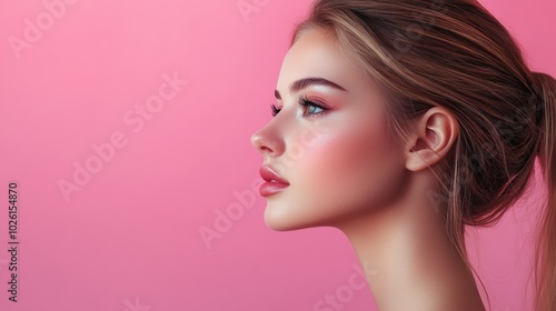 A young woman with long blonde hair, wearing makeup, looks to the side against a pink background.