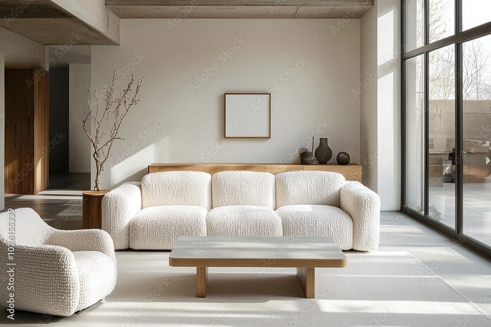 Fototapeta premium A modern japandi interior in the living room with minimalist, fluffy white boucle sofas and tables. Generative AI 