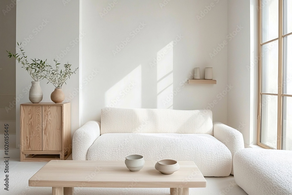 Minimalist, modern japandi interiors in a living room with windows and boucle sofas. Generative AI
Minimalist, modern japandi interiors in a living room with windows and boucle sofas. Generative AI