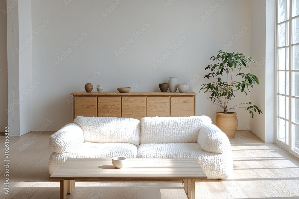 Fototapeta premium Minimalist, modern japandi interiors in the living room with boucle sofas and wood cabinets finished in white. Generative AI