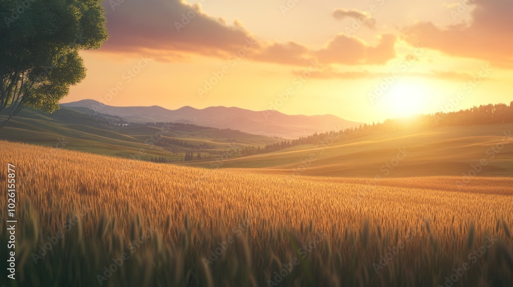 Field at sunset with rolling hills - Featuring a field at sunset with gently rolling hills in the background, Field at sunset with rolling hills - Featuring a field at sunset with gently rolling hills in the background,