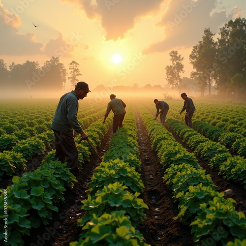 Farm workers harvesting crops in green fields at sunrise with misty background. Early morning rural landscape with trees and fog. Agriculture and farming concept.