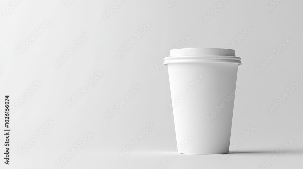 Elegant white coffee cup mockup with a blank sleeve placed on a clean, plain surface, perfect for high-quality stock photo needs Elegant white coffee cup mockup with a blank sleeve placed on a clean, plain surface, perfect for high-quality stock photo needs